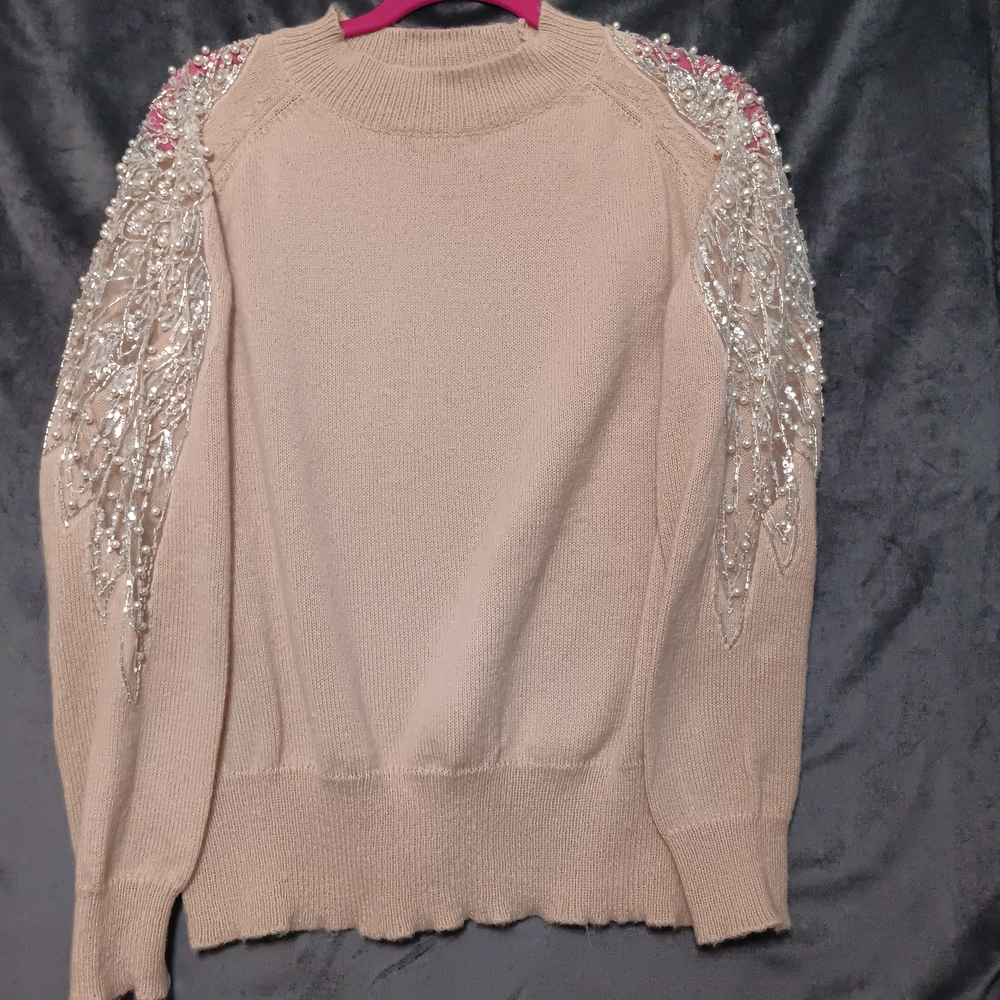 Chicme Dusty Pink Sweater with Silver and Pearl Embellishments